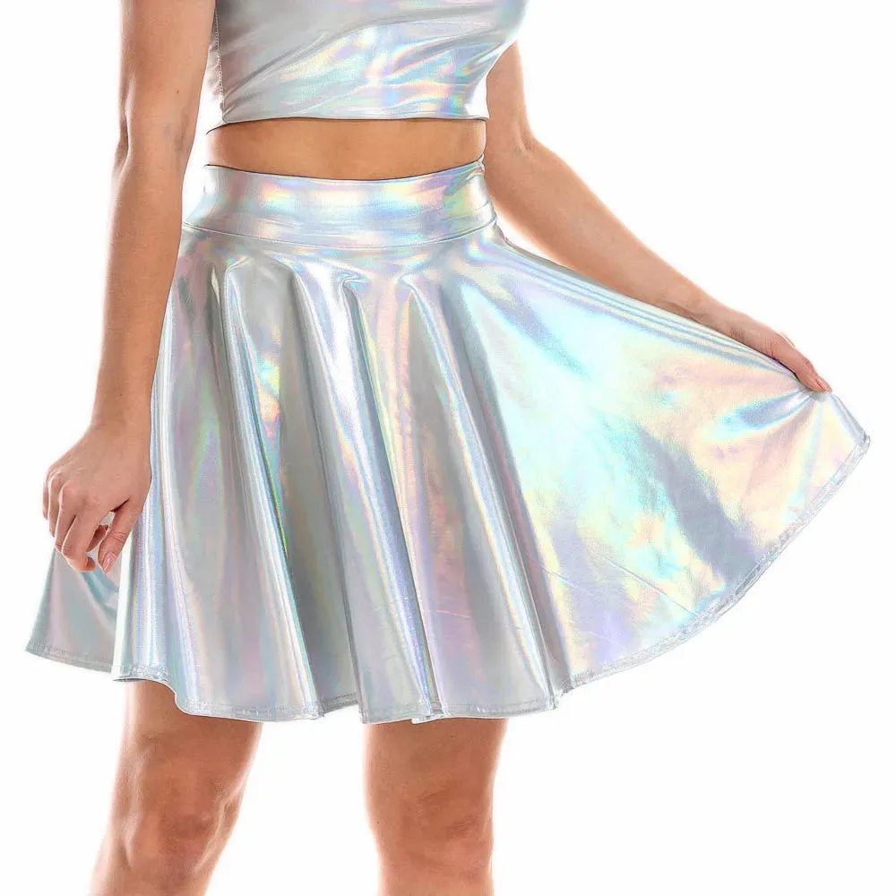 Summer Sexy Laser High Waist Mini PU Leather Skirt Club Party Dance Shiny Holographic Skirts Harajuku JK Metallic Pleated Skirts