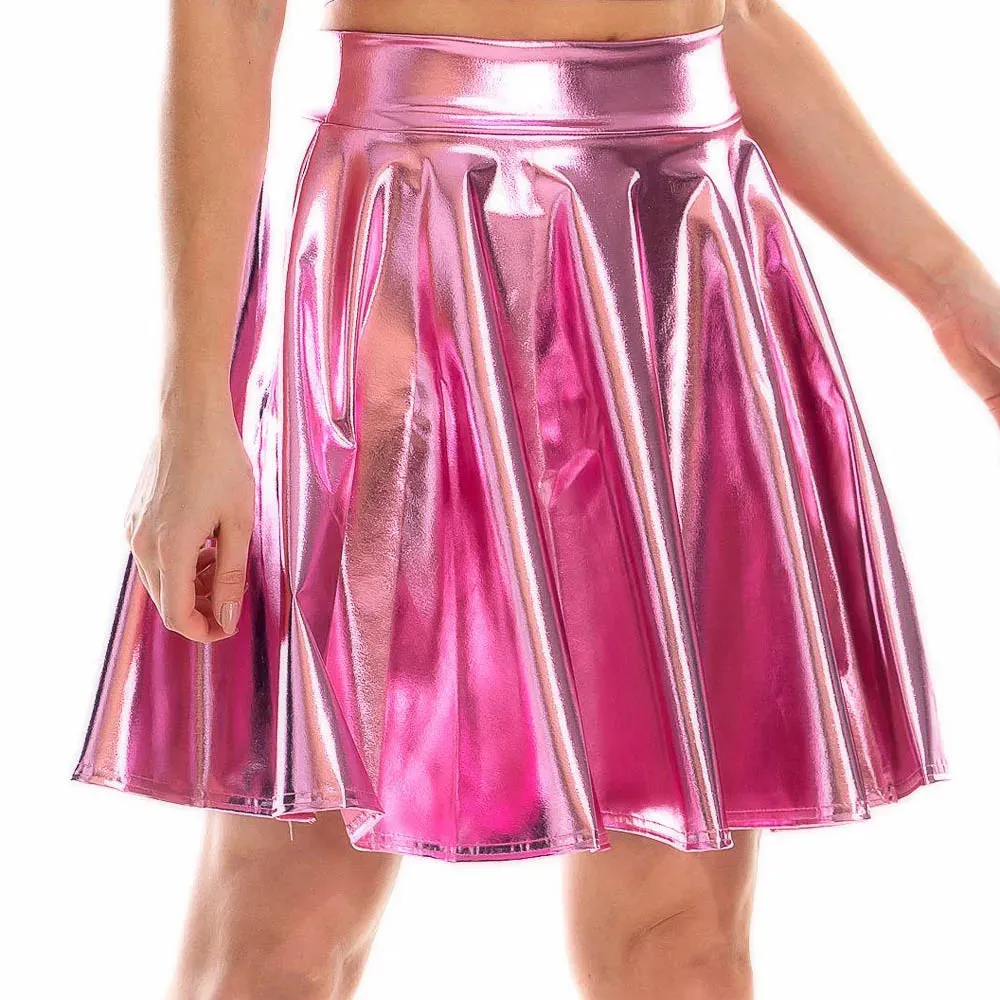 Summer Sexy Laser High Waist Mini PU Leather Skirt Club Party Dance Shiny Holographic Skirts Harajuku JK Metallic Pleated Skirts