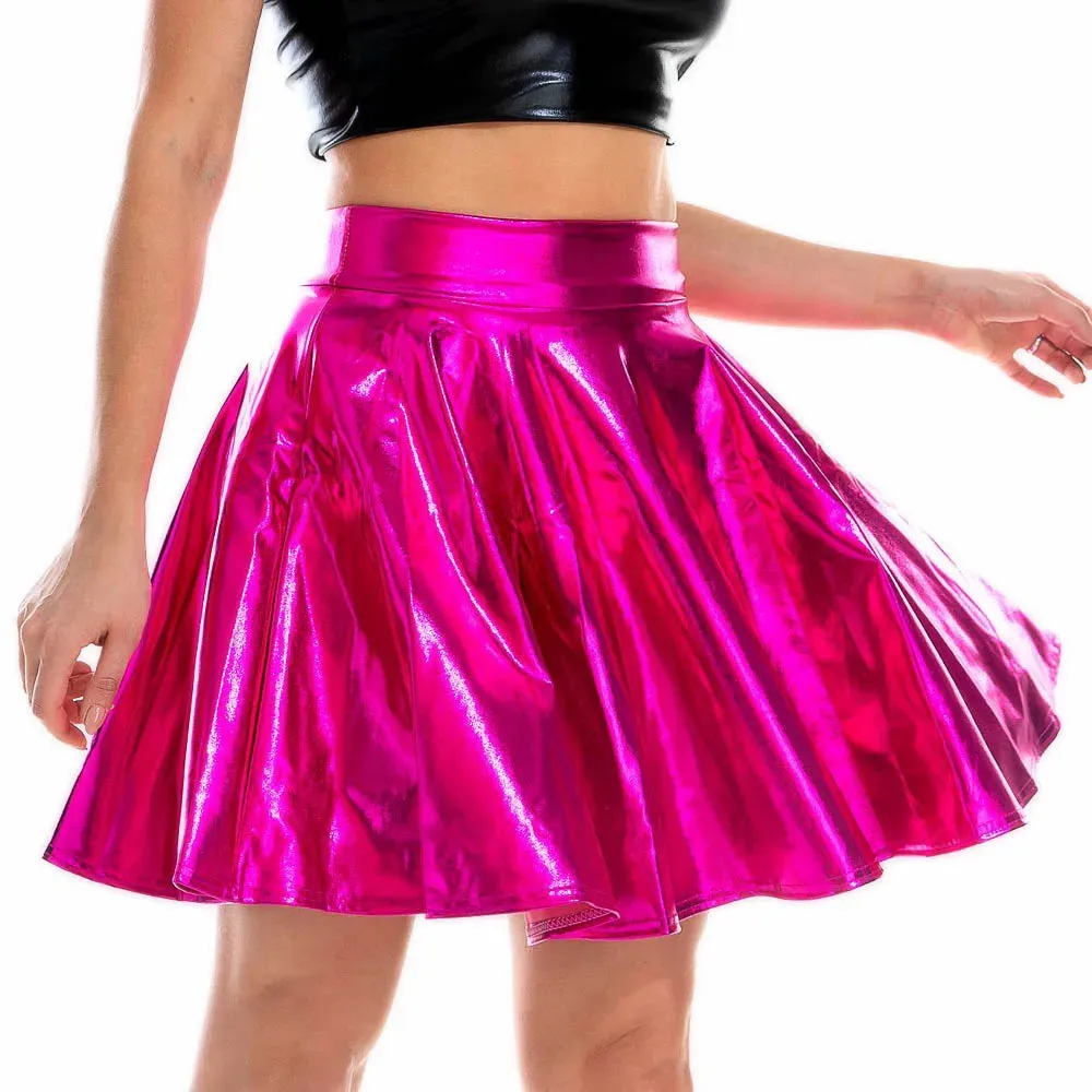 Summer Sexy Laser High Waist Mini PU Leather Skirt Club Party Dance Shiny Holographic Skirts Harajuku JK Metallic Pleated Skirts