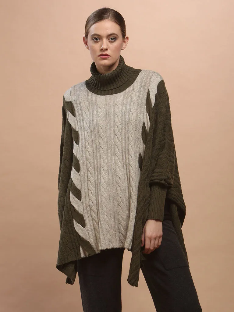 Two-Tone Braided Turtleneck Poncho