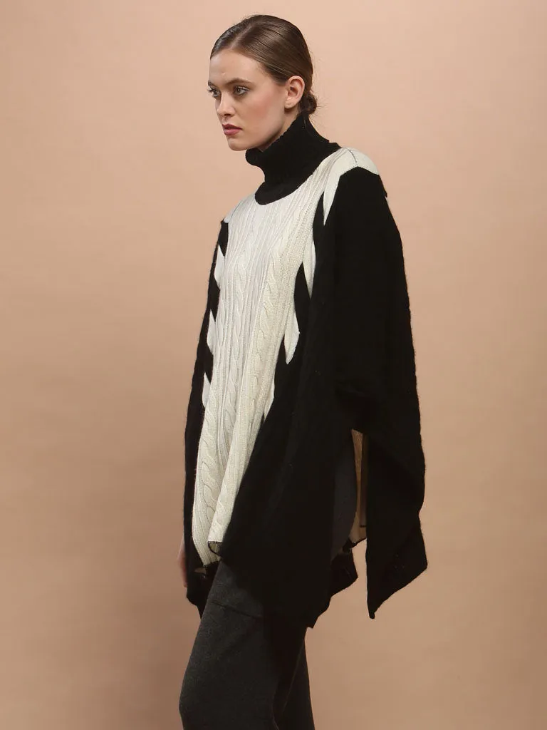 Two-Tone Braided Turtleneck Poncho