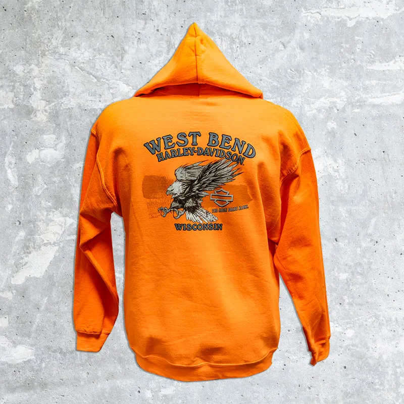 West Bend Harley Davidson- Safety Orange Flame Pull Over Hoodie