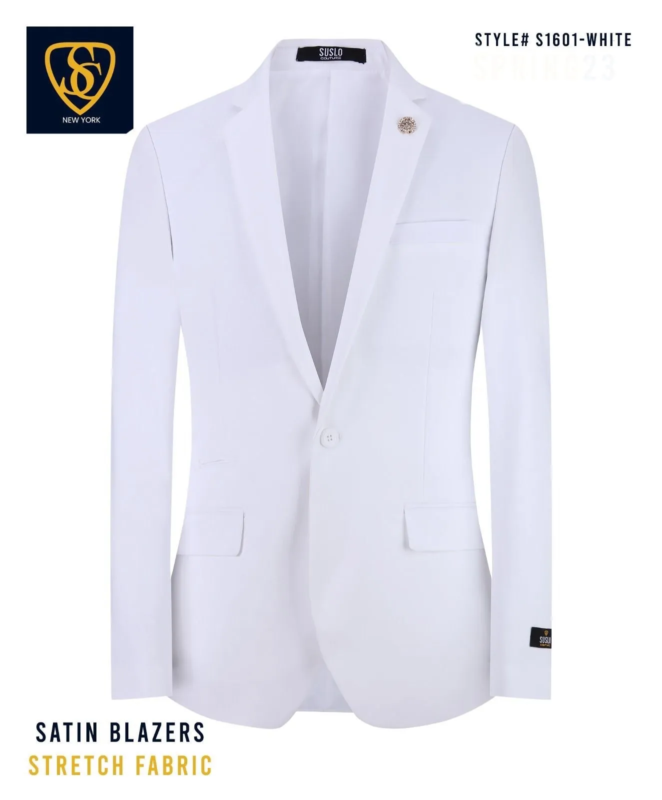 White Men's Blazer Jacket Stretch Fabric Notch Lapel Slim-Fit Style-S1601