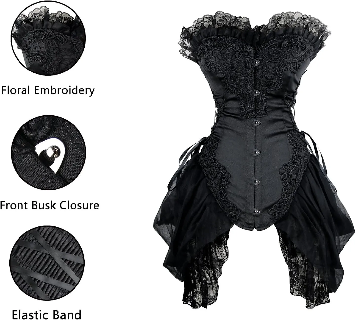 Women's Strapless Floral Embroidery Gothic Renaissance Corset with Lace Skirt