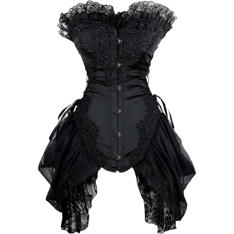 Women's Strapless Floral Embroidery Gothic Renaissance Corset with Lace Skirt