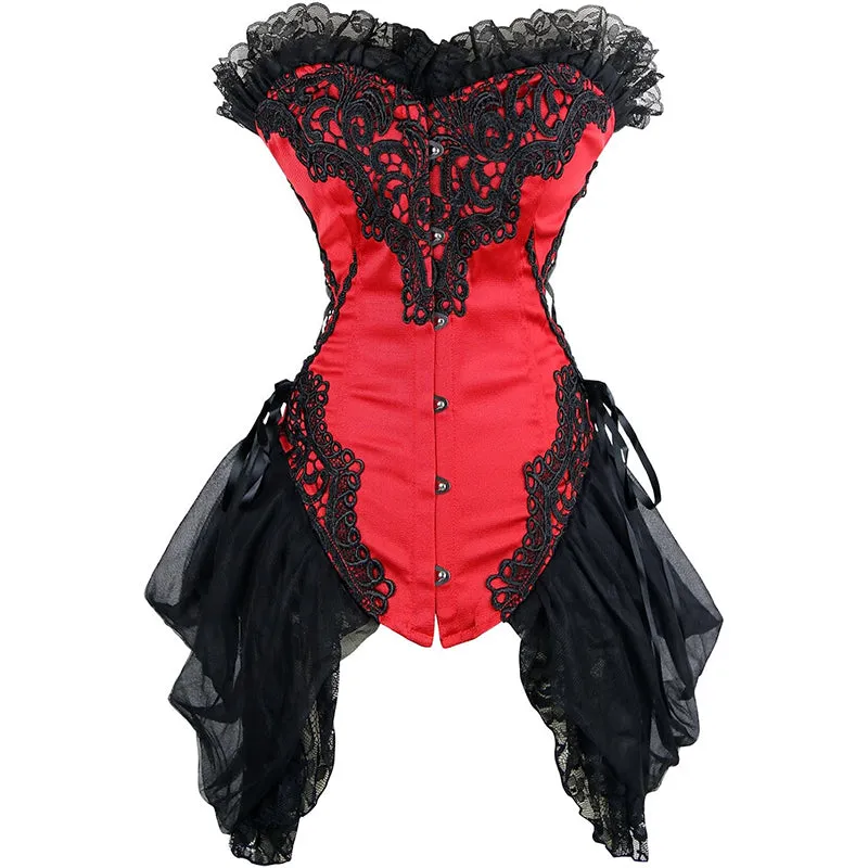 Women's Strapless Floral Embroidery Gothic Renaissance Corset with Lace Skirt