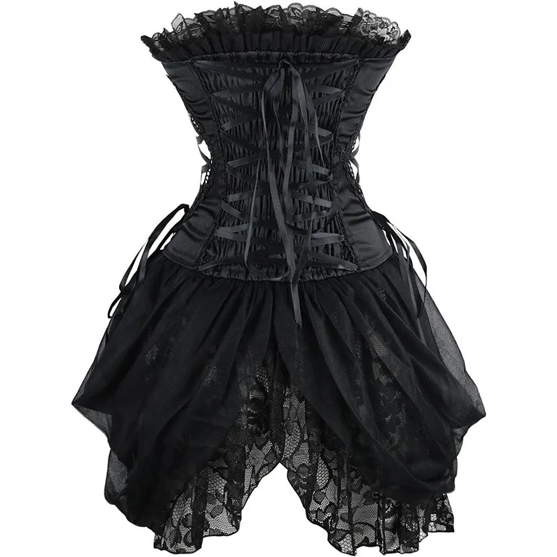 Women's Strapless Floral Embroidery Gothic Renaissance Corset with Lace Skirt