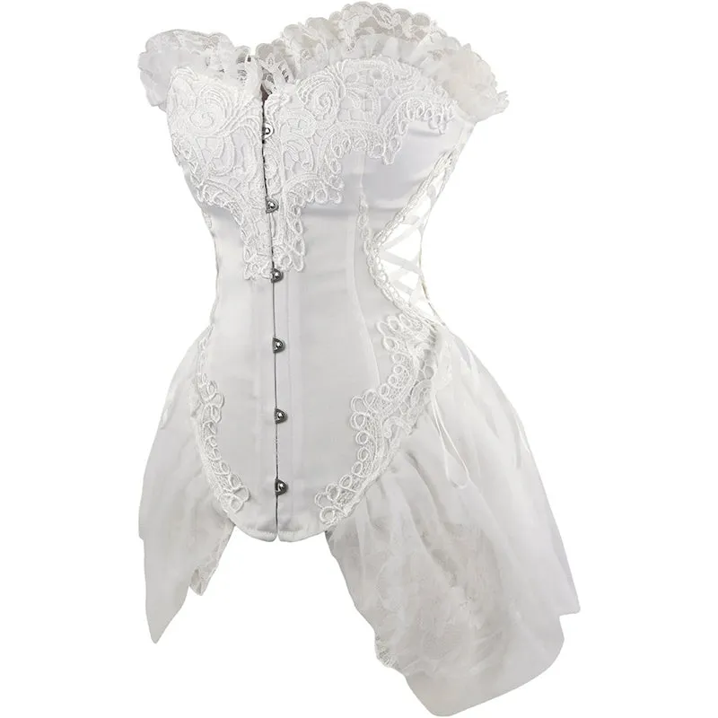 Women's Strapless Floral Embroidery Gothic Renaissance Corset with Lace Skirt