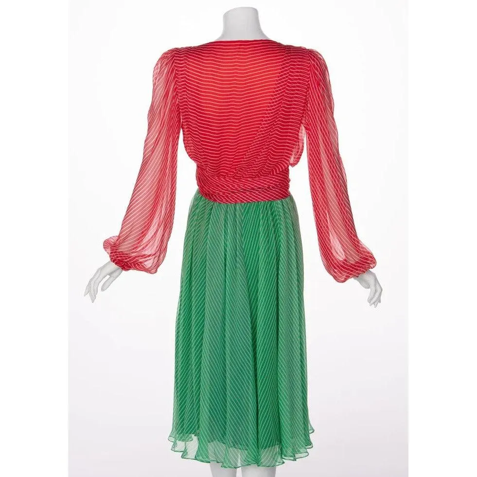 YVES SAINT LAURENT Haute Couture Red / Green Stripe Silk Chiffon Dress | Size S