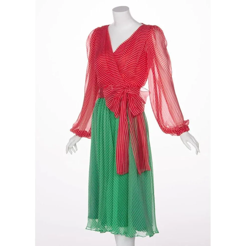 YVES SAINT LAURENT Haute Couture Red / Green Stripe Silk Chiffon Dress | Size S