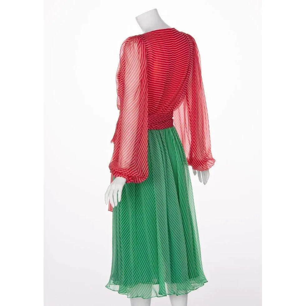 YVES SAINT LAURENT Haute Couture Red / Green Stripe Silk Chiffon Dress | Size S