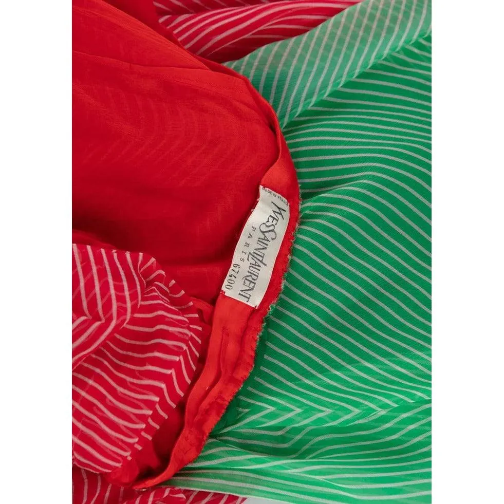 YVES SAINT LAURENT Haute Couture Red / Green Stripe Silk Chiffon Dress | Size S